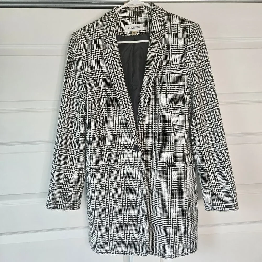 Calvin Klein Longline Glen Plaid Blazer Size 12 Single Vent Equestrian Academia - Picture 2 of 8